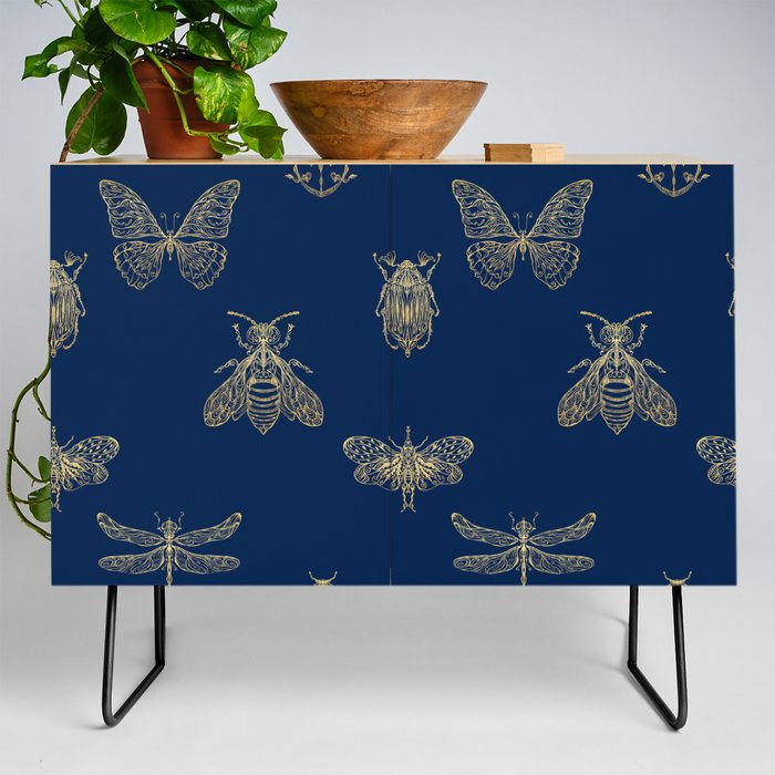 Golden Insects pattern on the blue background Credenza