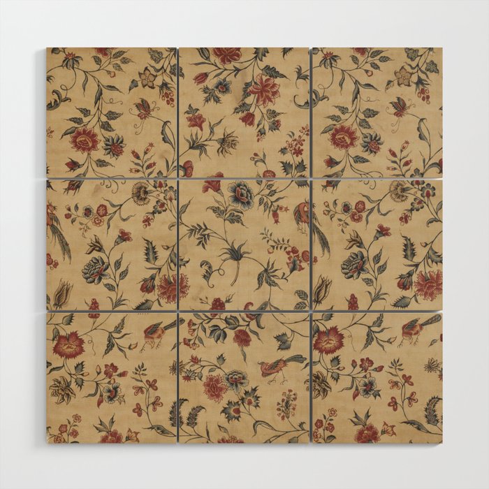 Antique Chintz Floral Bird Pattern 1700s Wood Wall Art
