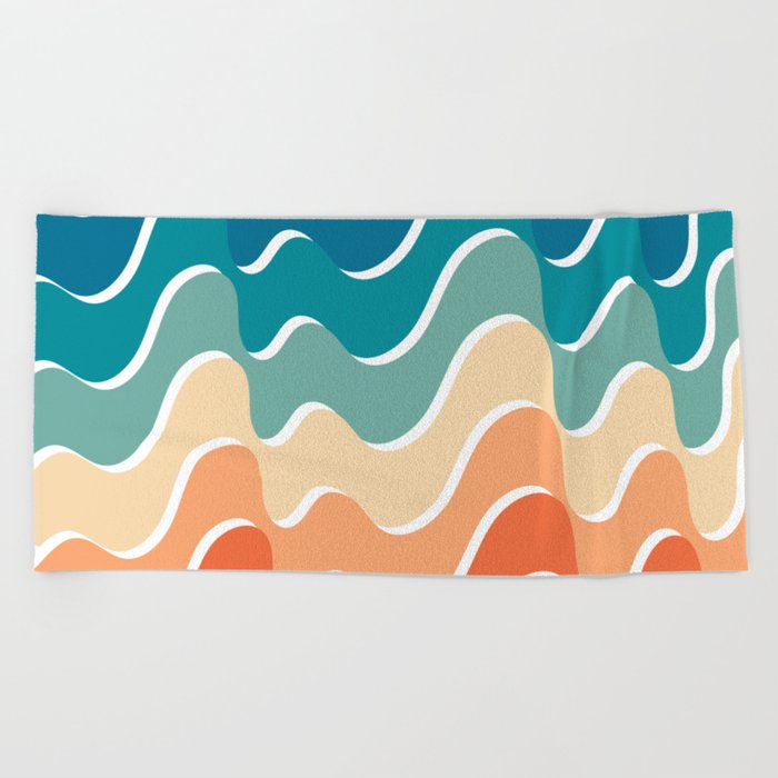 Retro 80s 70s Blue and Orange Mid-Century Minimalist Abstract Art Waves Beach Towel