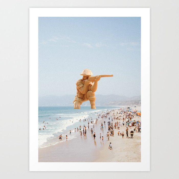 Playing toy soldier at beach Art Print
