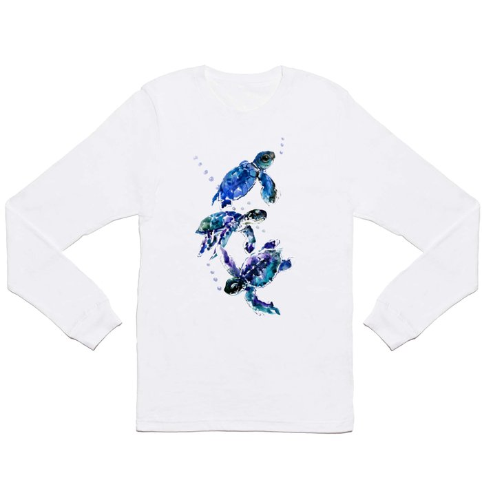 Three Sea Turtles, Marine Blue Aquatic design Long Sleeve T Shirt