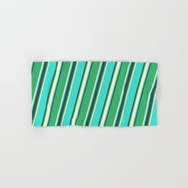 [ Thumbnail: Sea Green, Light Yellow, Turquoise, and Dark Slate Gray Colored Striped Pattern Hand & Bath Towel ]