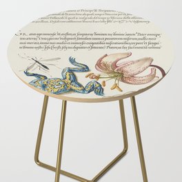 Vintage Calligraphic poster flowers and frog Side Table