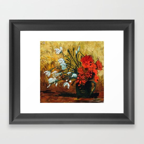 Red Flowers In Green Vase Framed Art Print