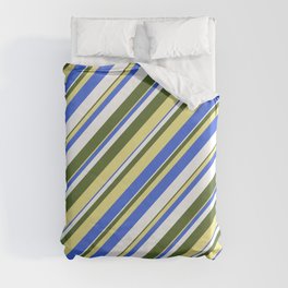 [ Thumbnail: Dark Olive Green, Tan, Royal Blue, and White Colored Stripes Pattern Duvet Cover ]