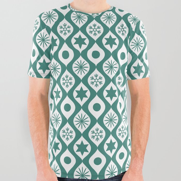 Green Blue Retro Christmas Pattern All Over Graphic Tee
