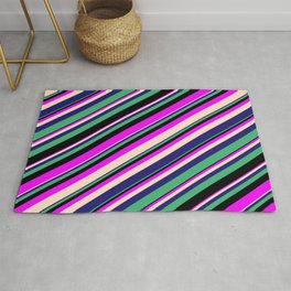 [ Thumbnail: Eyecatching Fuchsia, Bisque, Midnight Blue, Sea Green & Black Colored Lines/Stripes Pattern Rug ]