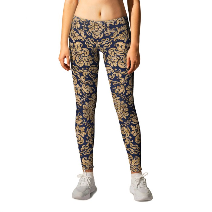 Antique Gold and Blue Brocade Pattern Leggings