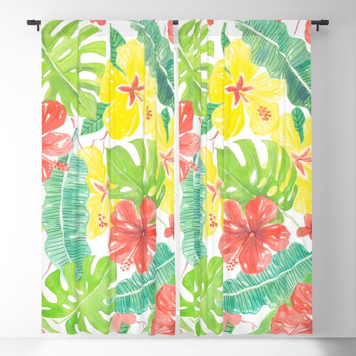 Tropical garden, hibisus, plumeria and palm leaves Blackout Curtain