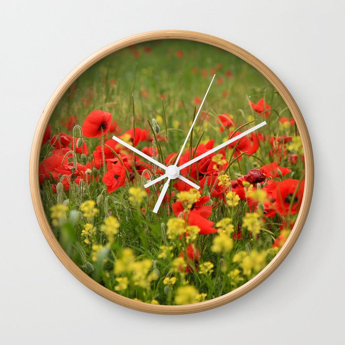 Red Poppies On A Background Of Yellow Flowers And Green Grass Wall Clock By Dvorakmarina