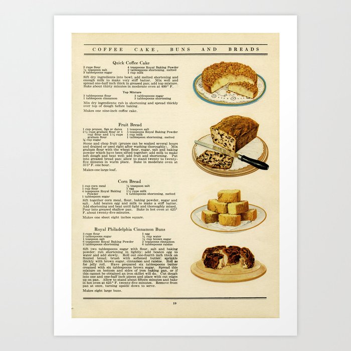 Vintage Cookbook Recipes Coffee Cake, Fruit Bread, and Cinnamon Buns  Art Print