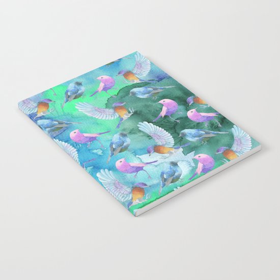 Birds in the sky- Bird animal pattern on aqua backround Notebook