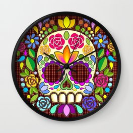Sugar Skull Floral Naif Art Mexican Calaveras Wall Clock