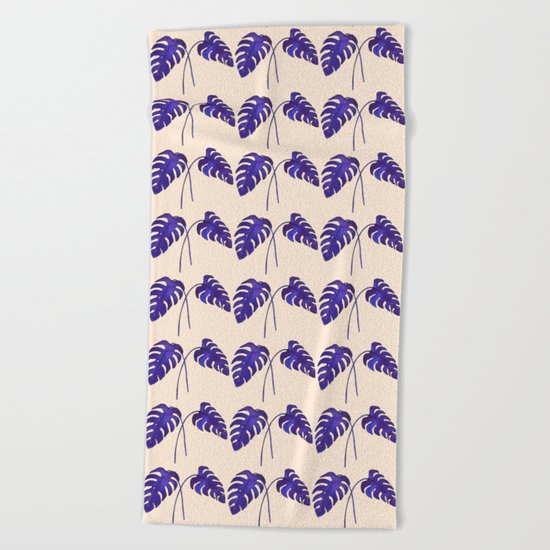 Indigo Monstera Leaf Watercolor on Blush Beach Towel