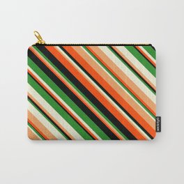 [ Thumbnail: Vibrant Forest Green, Beige, Brown, Red & Black Colored Lines Pattern Carry-All Pouch ]