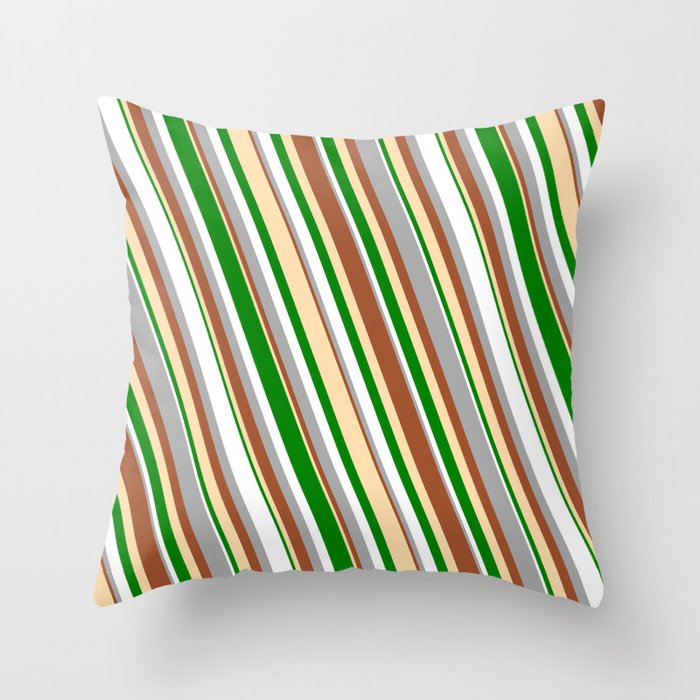 Vibrant Dark Grey, Sienna, Tan, Green & White Colored Lined Pattern Throw Pillow