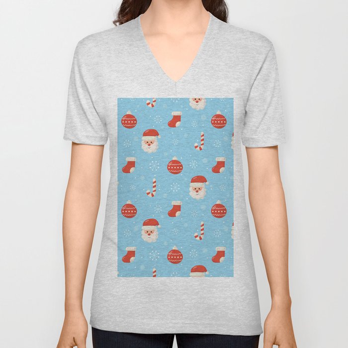 Cute Christmas Doodle Seamless Pattern on Blue Background V Neck T Shirt