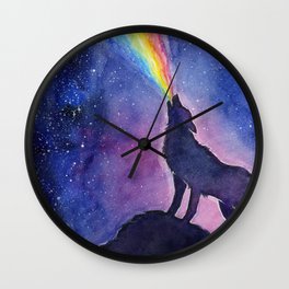 Galaxy Wolf Howling Rainbow Wall Clock