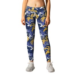 Tigers in a tiger lily garden // textured navy blue background very peri wild animals goldenrod yellow flowers Leggings