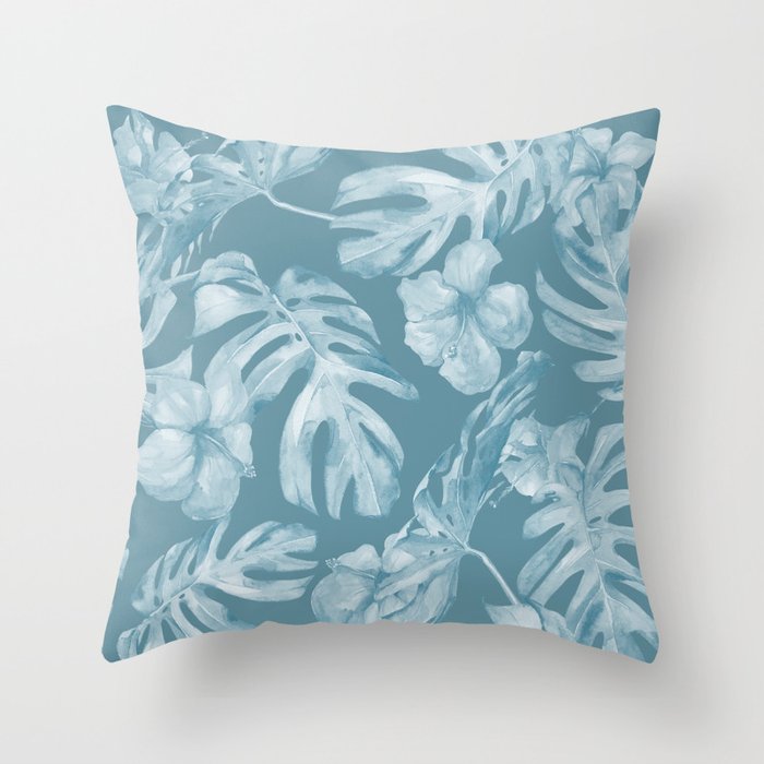 Tropical Escape Teal Blue Leaves + Hibiscus Throw Pillow