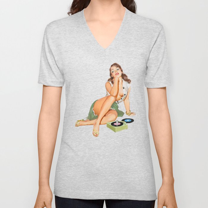 Vintage Pin Up Girl With Two Vinyls, A Green Skirt And Red Nails V Neck T Shirt