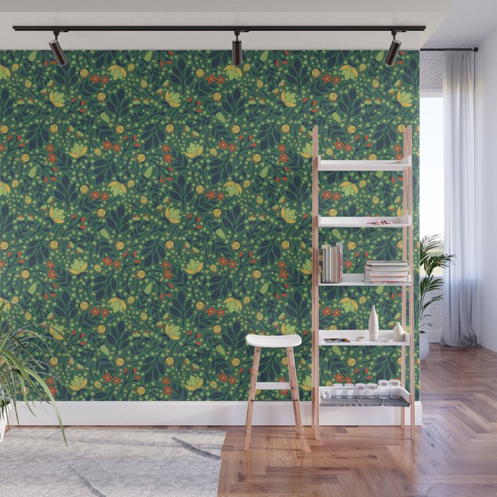 Teal Pale Green Dark Blue Yellow Orange Floral Pattern Wall