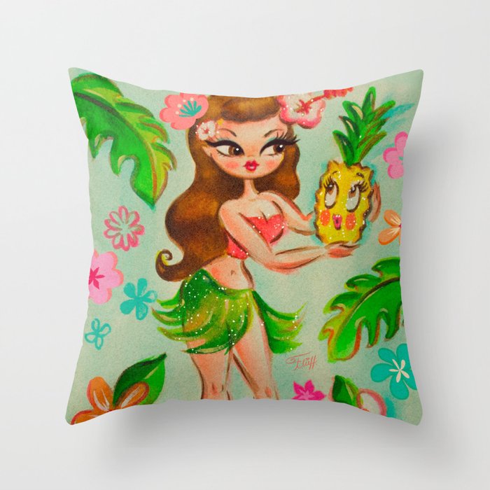 Hula Girl with Enchanted Pineapple Throw Pillow