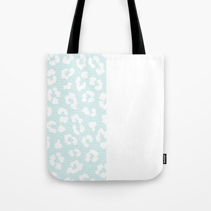 White Leopard Print Lace Vertical Split on Pastel Sky Blue Tote Bag