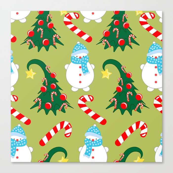 Christmas Seamless Pattern, Drawn Funny Christmas Trees, Cute Snowmen and Candies Canvas Print