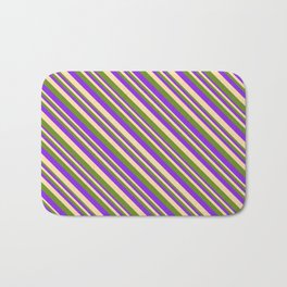 [ Thumbnail: Purple, Tan, and Green Colored Lines Pattern Bath Mat ]