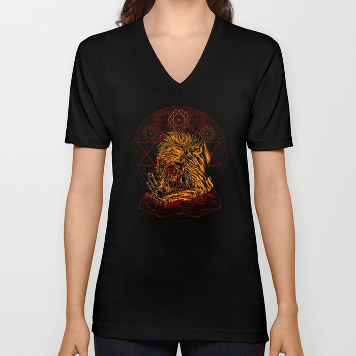 Scary Lion Horror Drawing V Neck T Shirt