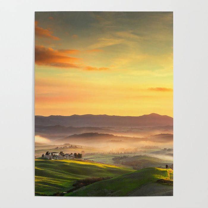 Volterra foggy panorama at sunset. Tuscany Poster