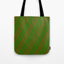 [ Thumbnail: Brown & Green Colored Stripes Pattern Tote Bag ]