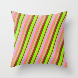 [ Thumbnail: Brown, Chartreuse, Plum & Salmon Colored Stripes Pattern Throw Pillow ]