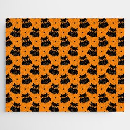 Black Cute Owl Seamless Pattern on Orange Background Jigsaw Puzzle