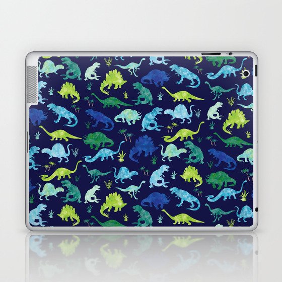 Watercolor Dinosaur Blue Green Dino Pattern Laptop & iPad Skin