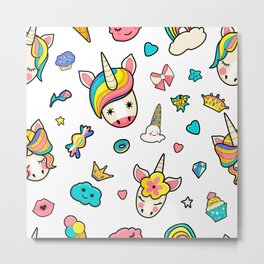Pattern with cute faces of unicorns, ice cream, stars, hearts, donut, rainbow, crowns, cupcake. Dreaming unicorns in bright colors Metal Print | Candy, Child, Colors, Background, Colorful, Crowns, Cartoon, Bow, Decoration, Diamond 