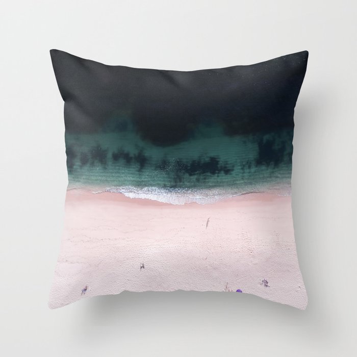 Aerial Beach Print - Purple Umbrella - Pink Sand - Aerial  Ocean Sea photography by Ingrid Beddoes Throw Pillow
