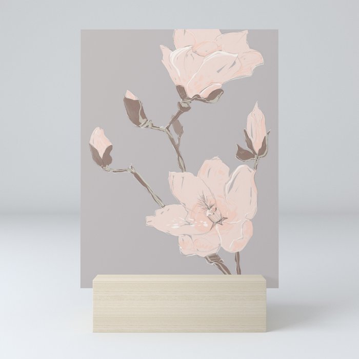 Magnolia flower Japanese minimalism style artwork in retro colors gray Mini Art Print