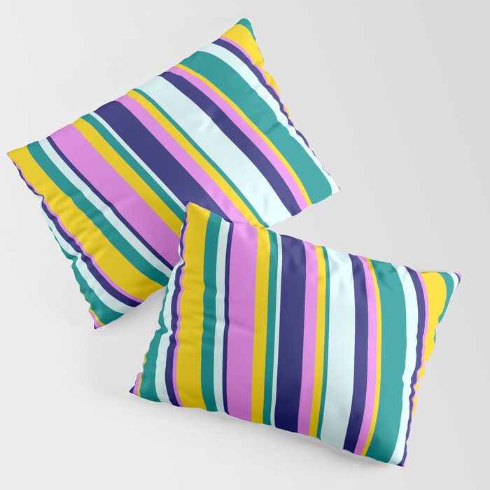 Eye-catching Yellow, Violet, Midnight Blue, Light Cyan, and Dark Cyan Colored Stripes/Lines Pattern Pillow Sham