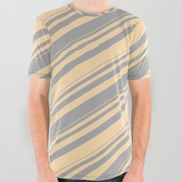 [ Thumbnail: Dark Gray & Tan Colored Stripes/Lines Pattern All Over Graphic Tee ]