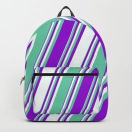 [ Thumbnail: Aquamarine, Dark Violet, and Mint Cream Colored Stripes/Lines Pattern Backpack ]