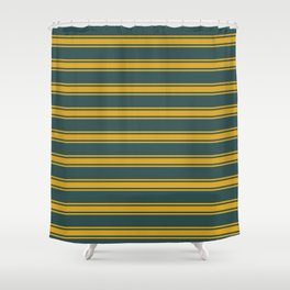 [ Thumbnail: Dark Slate Gray & Goldenrod Colored Pattern of Stripes Shower Curtain ]