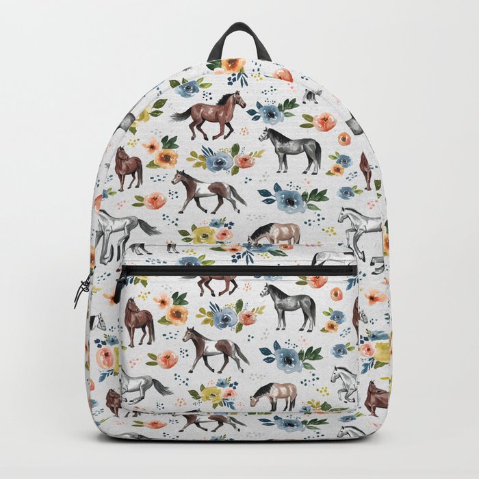Horses and Flowers, Floral Horses, Western, Horse Art, Horse Decor, Gray Backpack
