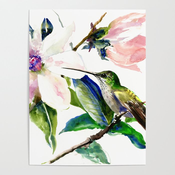 Hummingbird and Magnolia Flowers, Green Soft Pink floral design vintage style Poster