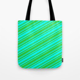 [ Thumbnail: Lime Green & Cyan Colored Stripes Pattern Tote Bag ]
