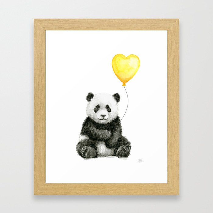 Panda with Yellow Balloon Baby Animal Watercolor Nursery Art Framed Art Print