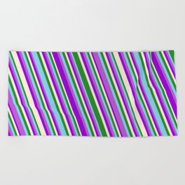 [ Thumbnail: Eye-catching Forest Green, Sky Blue, Orchid, Dark Violet, and Beige Colored Striped/Lined Pattern Beach Towel ]