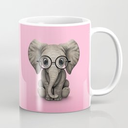 Cute Baby Elephant Calf with Reading Glasses on Pink Coffee Mug