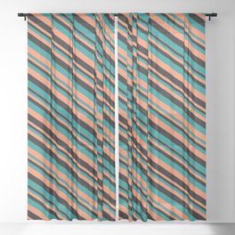 [ Thumbnail: Black, Dark Cyan & Coral Colored Striped Pattern Sheer Curtain ]